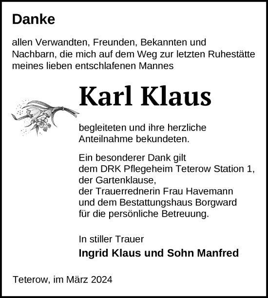 Traueranzeige von Karl Klaus von Nordkurier Mecklenburger Schweiz