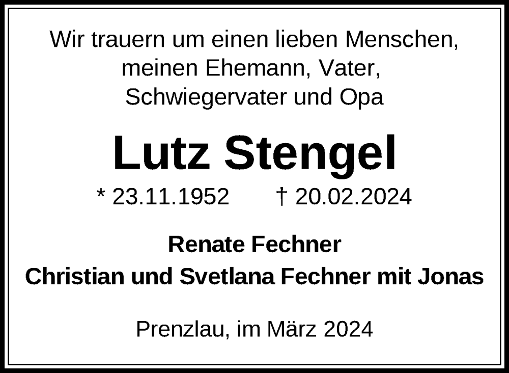 Traueranzeige für Lutz Stengel vom 02.03.2024 aus Uckermark Kurier Prenzlauer Zeitung
