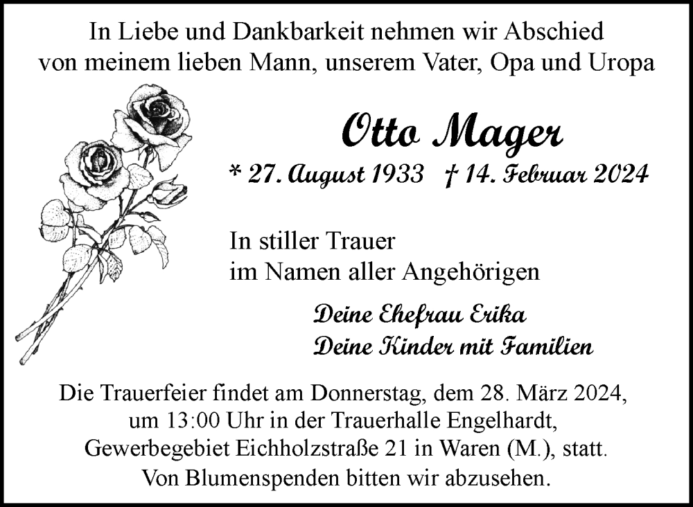  Traueranzeige für Otto Mager vom 01.03.2024 aus Nordkurier Müritz-Zeitung