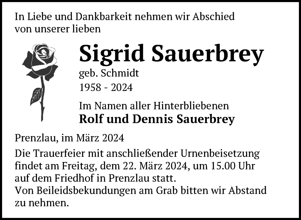 Traueranzeige für Sigrid Sauerbrey vom 08.03.2024 aus Uckermark Kurier Prenzlauer Zeitung