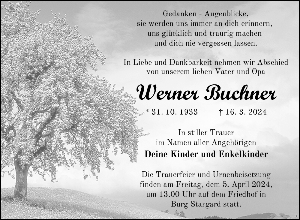  Traueranzeige für Werner Buchner vom 23.03.2024 aus Nordkurier Neubrandenburger Zeitung
