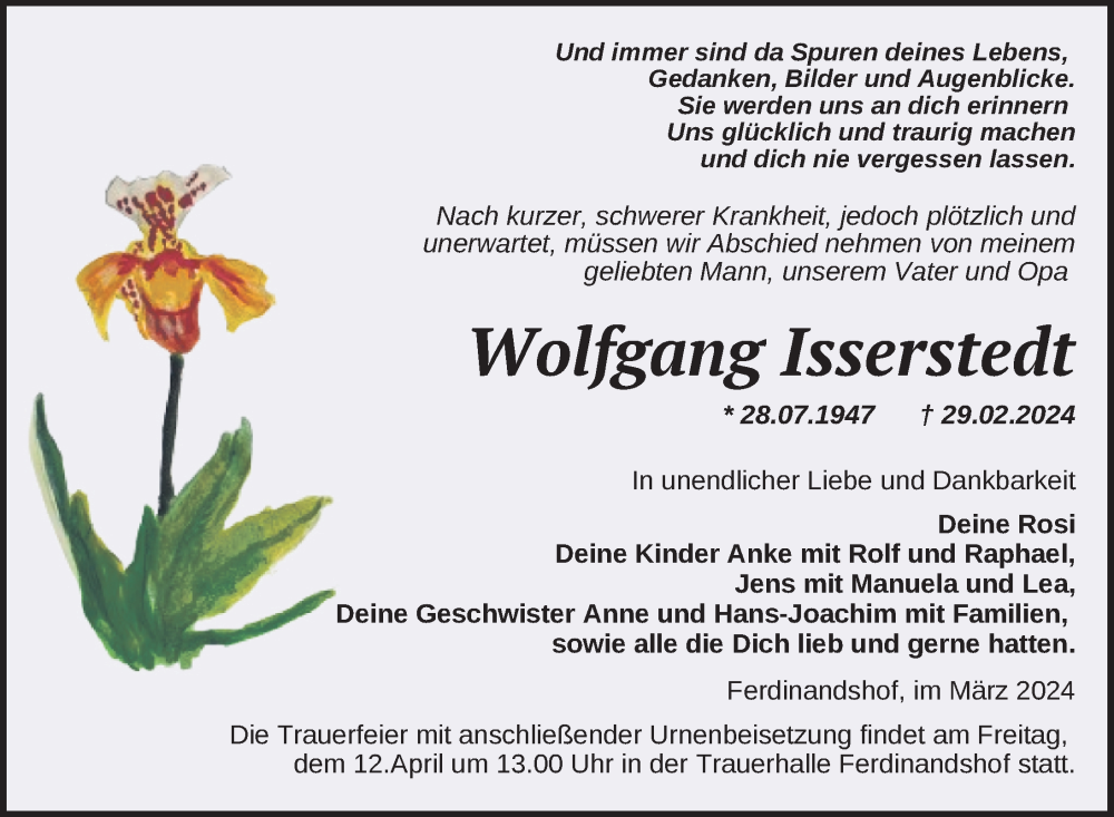  Traueranzeige für Wolfgang Isserstedt vom 28.03.2024 aus Nordkurier Haff-Zeitung