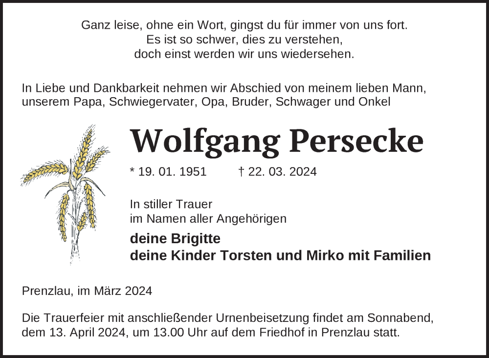  Traueranzeige für Wolfgang Persecke vom 28.03.2024 aus Uckermark Kurier Prenzlauer Zeitung