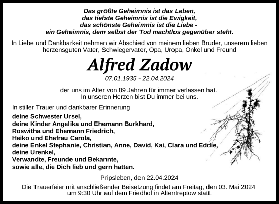 Traueranzeige von Alfred Zadow von Nordkurier Neubrandenburger Zeitung