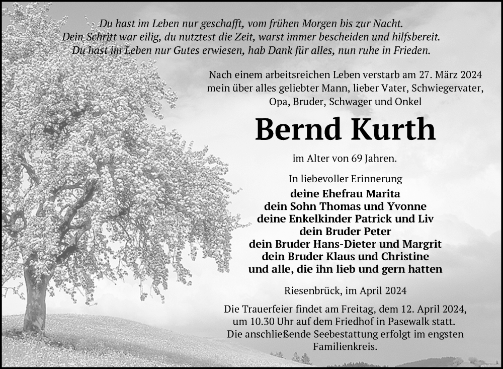  Traueranzeige für Bernd Kurth vom 05.04.2024 aus Nordkurier Pasewalker Zeitung