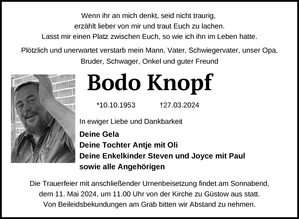 Traueranzeige für Bodo Knopf vom 19.04.2024 aus Uckermark Kurier Prenzlauer Zeitung
