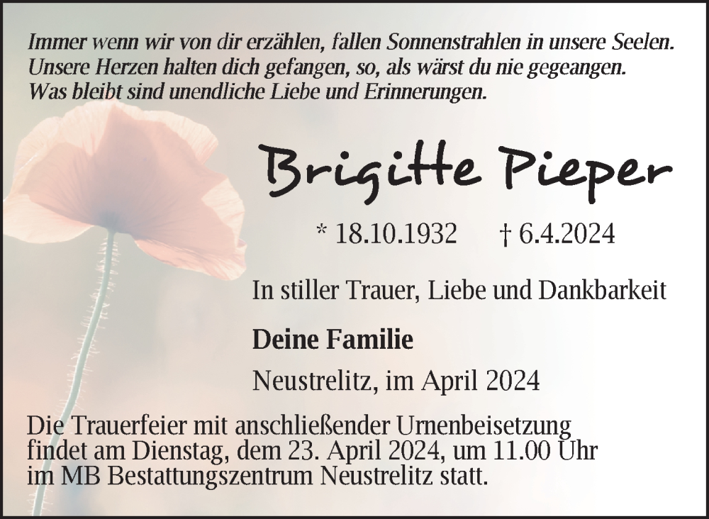  Traueranzeige für Brigitte Pieper vom 16.04.2024 aus Nordkurier Strelitzer Zeitung