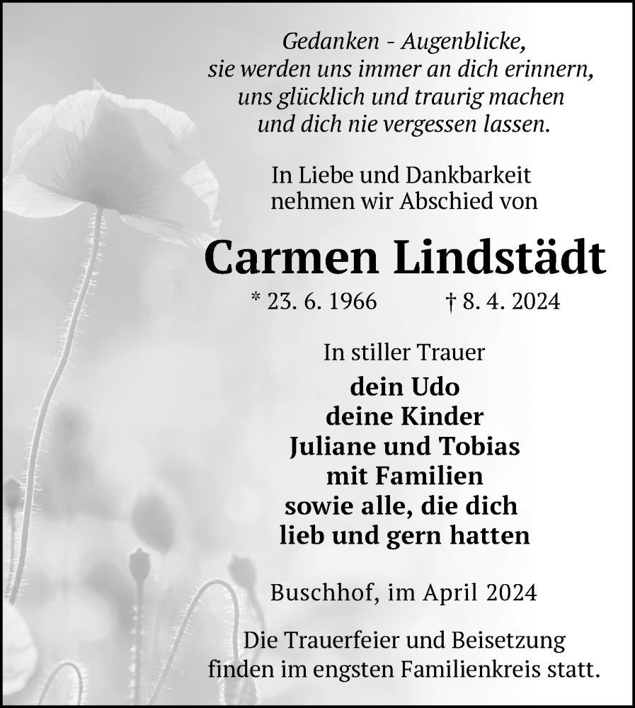  Traueranzeige für Carmen Lindstädt vom 12.04.2024 aus Nordkurier Strelitzer Zeitung