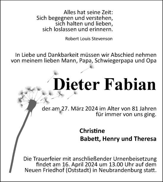 Traueranzeigen Von Dieter Fabian | Trauer Nordkurier