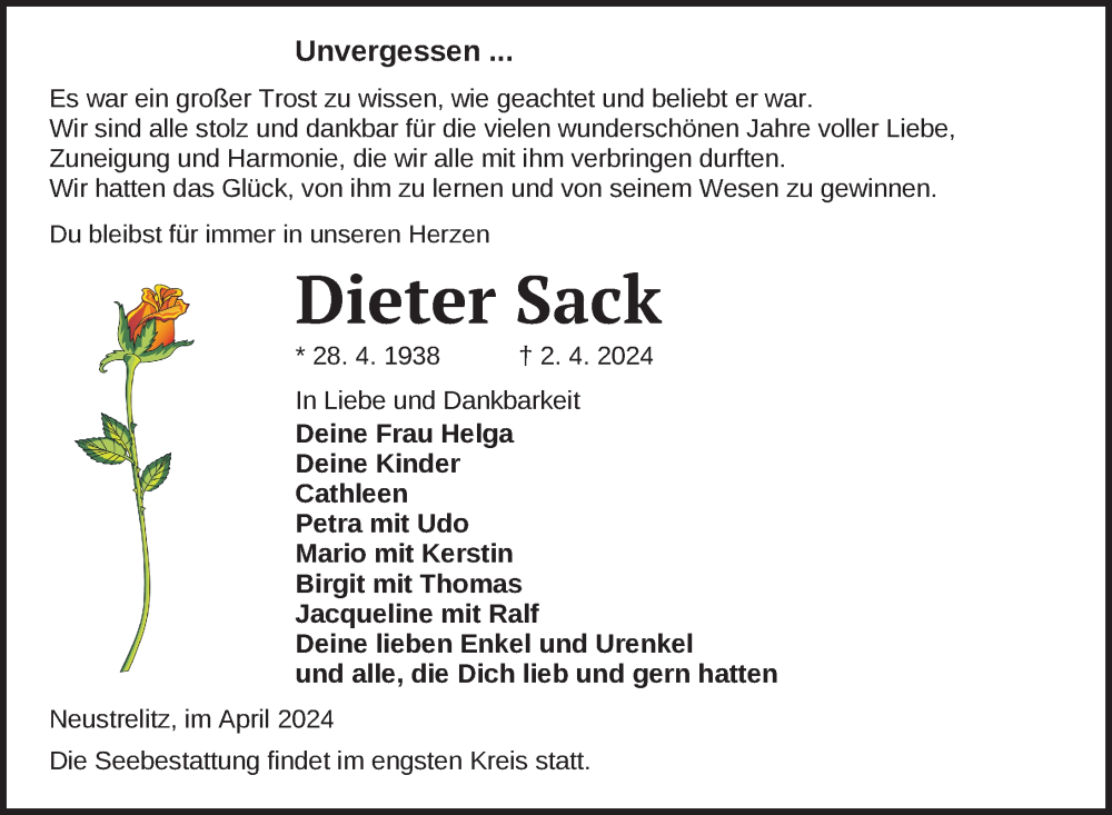  Traueranzeige für Dieter Sack vom 10.04.2024 aus Nordkurier Neubrandenburger Zeitung