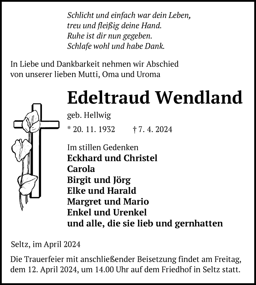  Traueranzeige für Edeltraud Wendland vom 10.04.2024 aus Nordkurier Neubrandenburger Zeitung