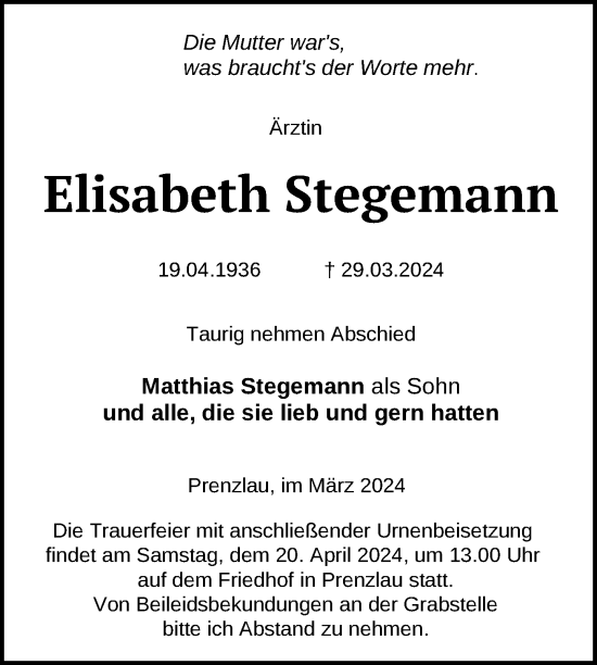 Traueranzeigen Von Elisabeth Stegemann Trauer Nordkurier