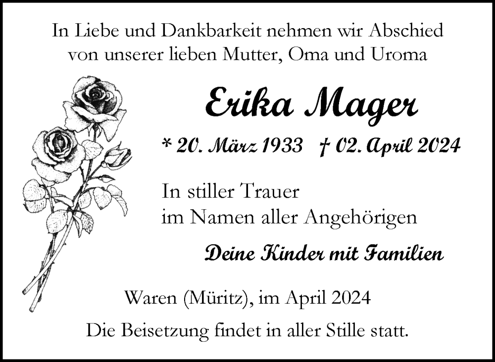  Traueranzeige für Erika Mager vom 13.04.2024 aus Nordkurier Müritz-Zeitung