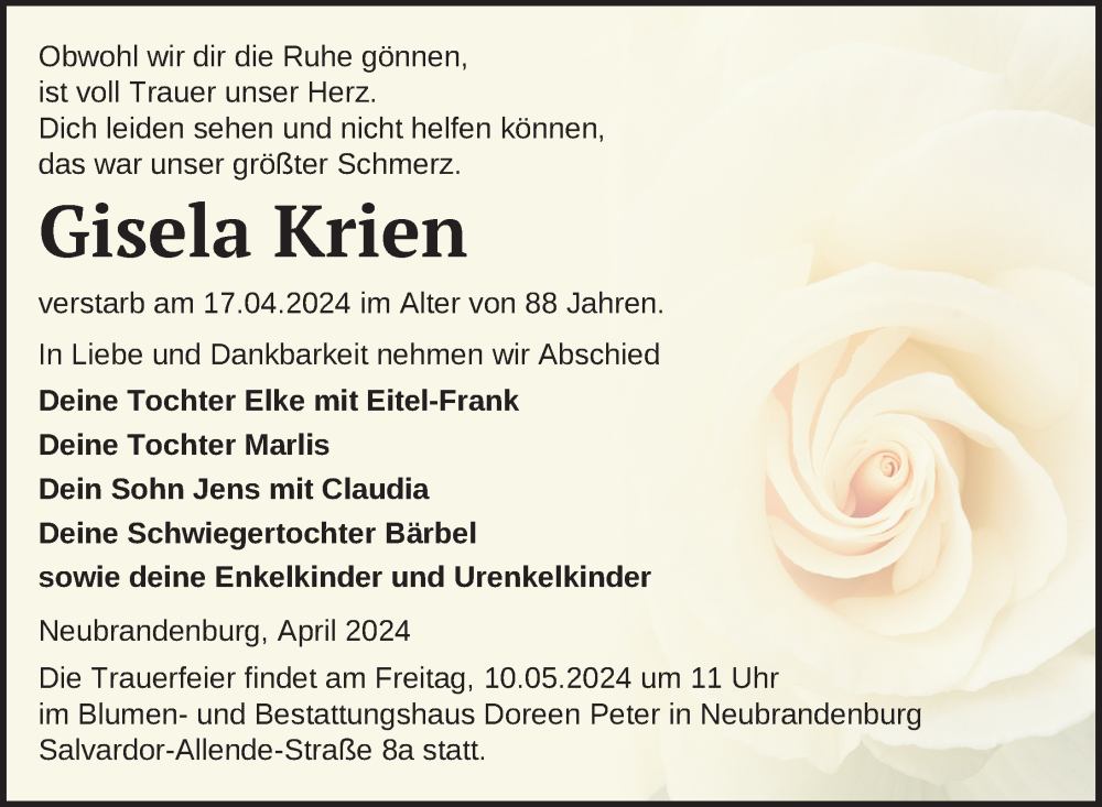  Traueranzeige für Gisela Krien vom 26.04.2024 aus Nordkurier Neubrandenburger Zeitung