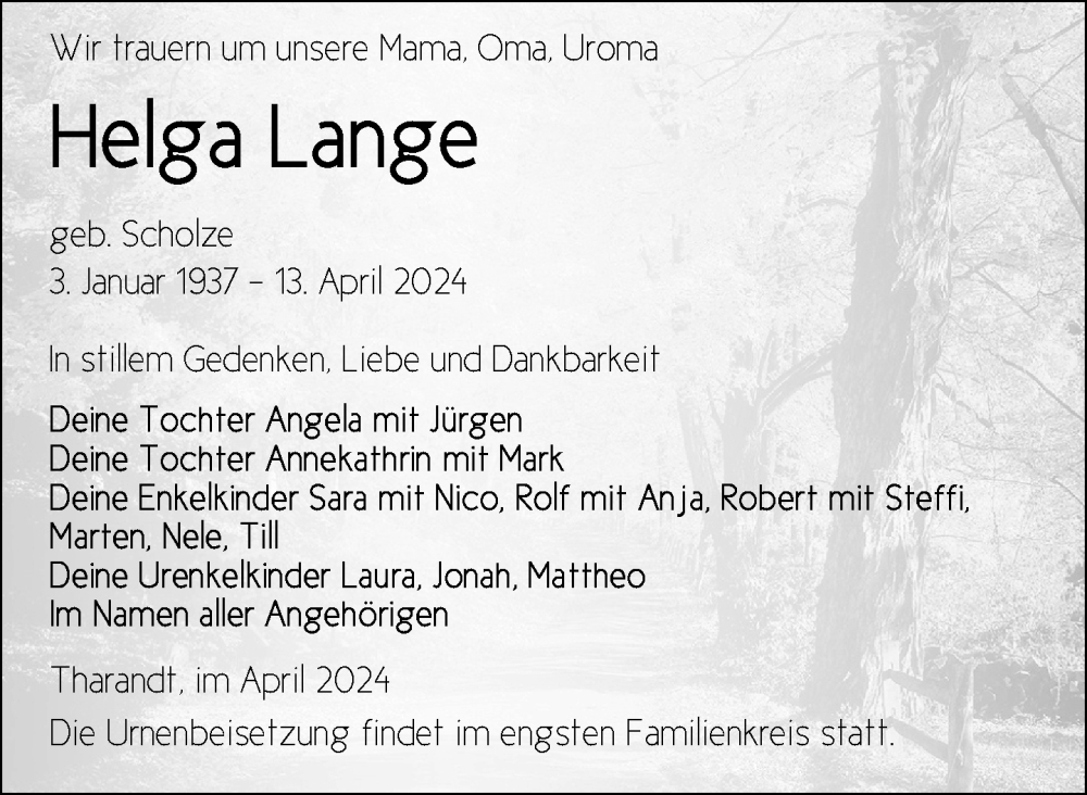  Traueranzeige für Helga Lange vom 23.04.2024 aus Nordkurier Strelitzer Zeitung