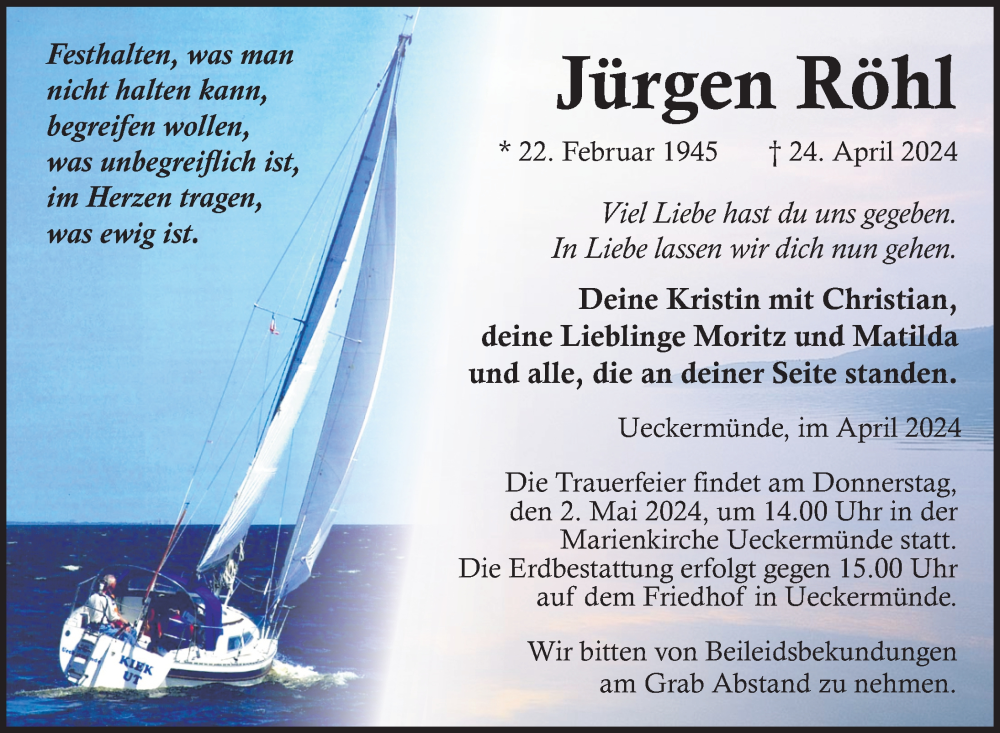  Traueranzeige für Jürgen Röhl vom 27.04.2024 aus Nordkurier Haff-Zeitung
