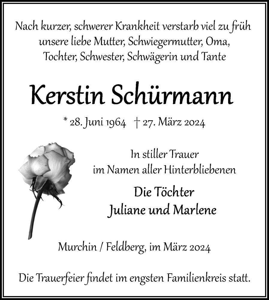  Traueranzeige für Kerstin Schürmann vom 06.04.2024 aus Nordkurier Vorpommern Kurier