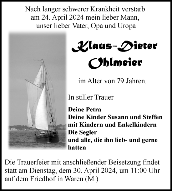 Traueranzeige von Klaus-Dieter Ohlmeier von Nordkurier Müritz-Zeitung
