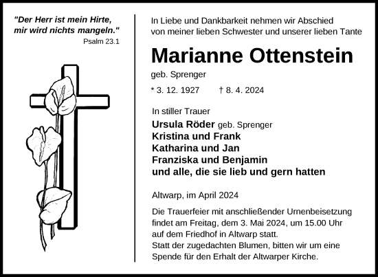 Traueranzeige von Marianne Ottenstein von Nordkurier Haff-Zeitung