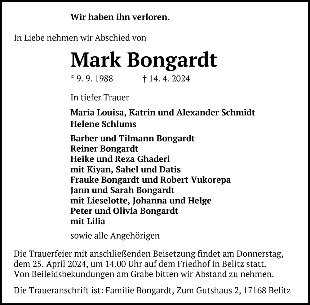  Traueranzeige für Mark Bongardt vom 20.04.2024 aus Nordkurier Mecklenburger Schweiz