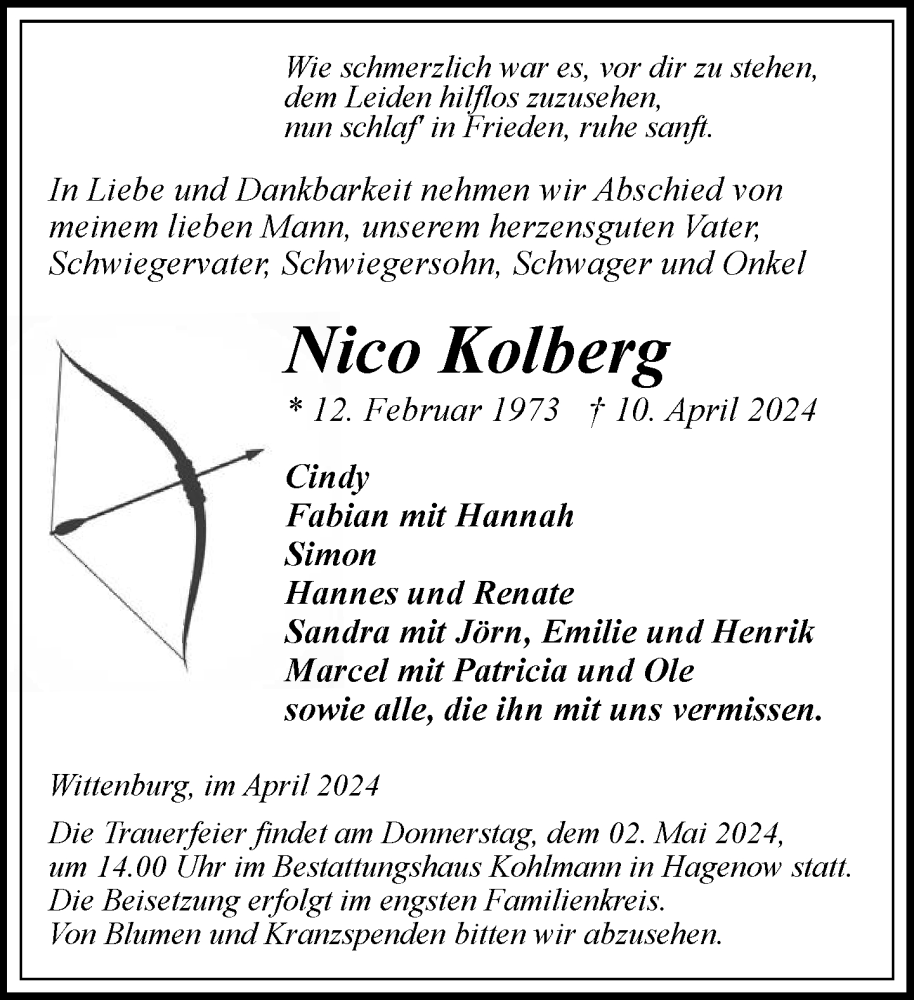  Traueranzeige für Nico Kolberg vom 20.04.2024 aus 