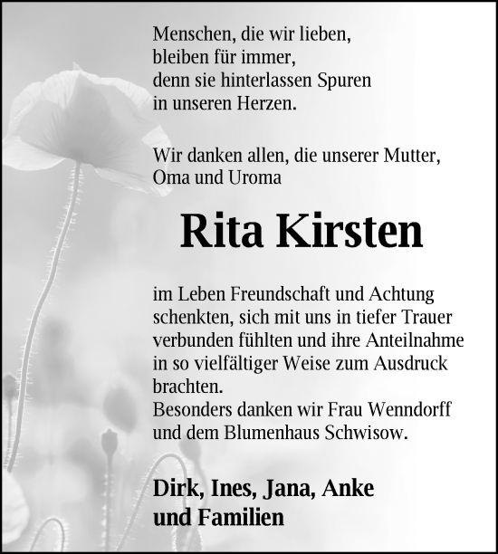 Traueranzeigen Von Rita Kirsten Trauer Nordkurier