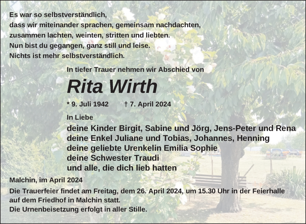  Traueranzeige für Rita Wirth vom 20.04.2024 aus Nordkurier Mecklenburger Schweiz