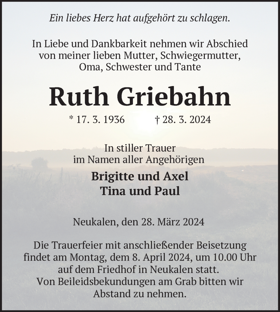  Traueranzeige für Ruth Griebahn vom 04.04.2024 aus Nordkurier Mecklenburger Schweiz