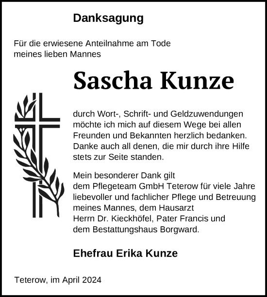 Traueranzeige von Sascha Kunze von Nordkurier Mecklenburger Schweiz