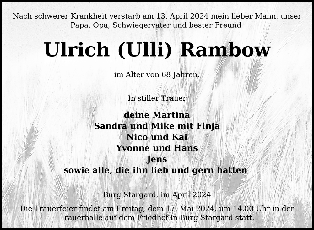  Traueranzeige für Ulrich  Rambow vom 27.04.2024 aus Nordkurier Neubrandenburger Zeitung