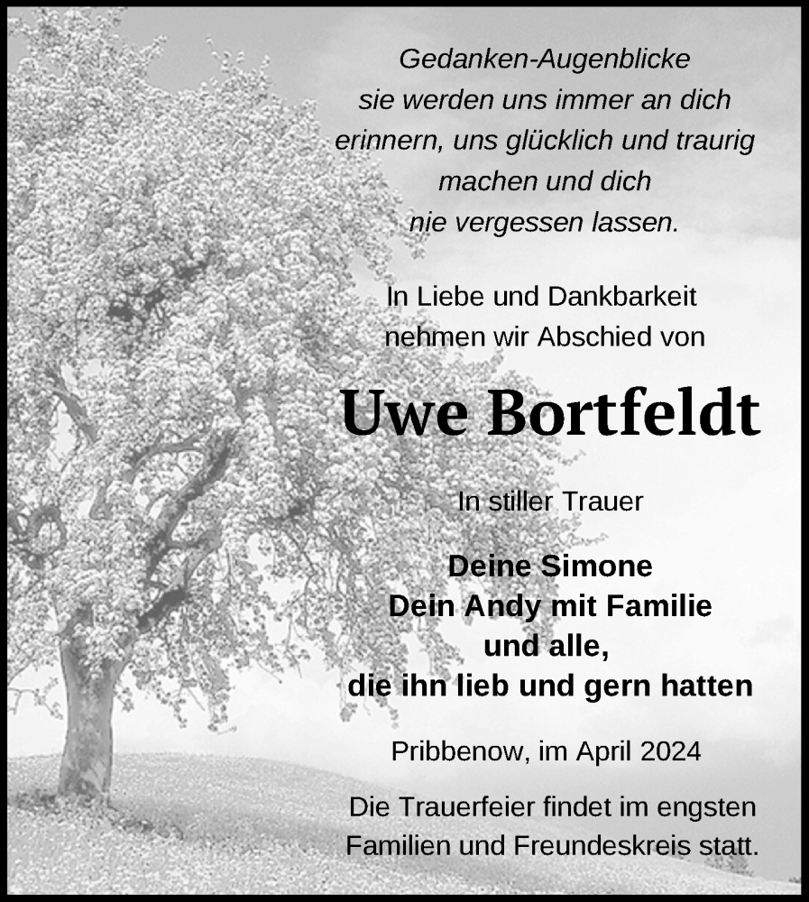  Traueranzeige für Uwe Bortfeldt vom 23.04.2024 aus Nordkurier Mecklenburger Schweiz