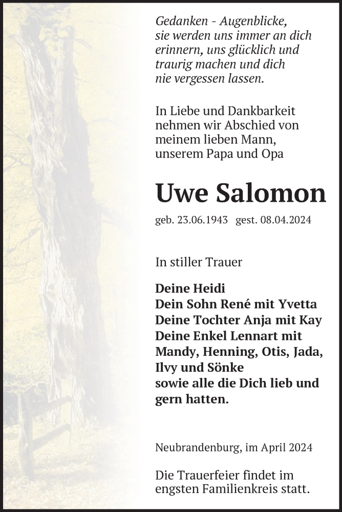  Traueranzeige für Uwe Salomon vom 13.04.2024 aus Nordkurier Neubrandenburger Zeitung