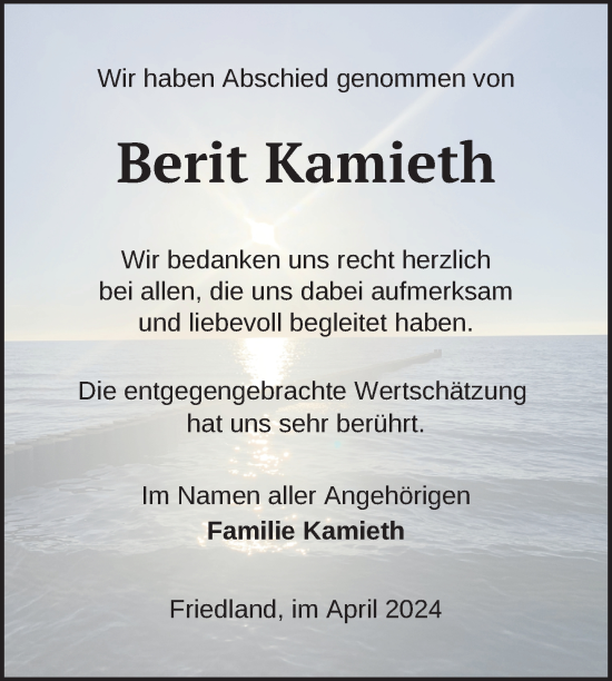 Traueranzeige von Berit Kamieth von Nordkurier Neubrandenburger Zeitung