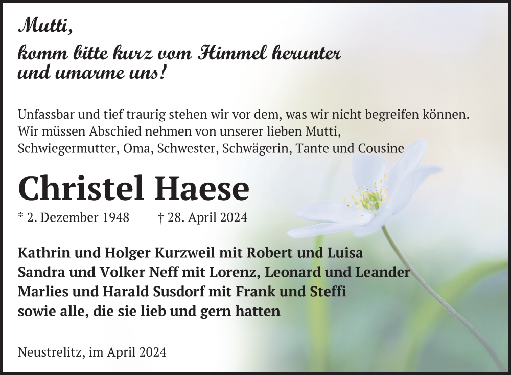  Traueranzeige für Christel Haese vom 03.05.2024 aus Nordkurier Strelitzer Zeitung