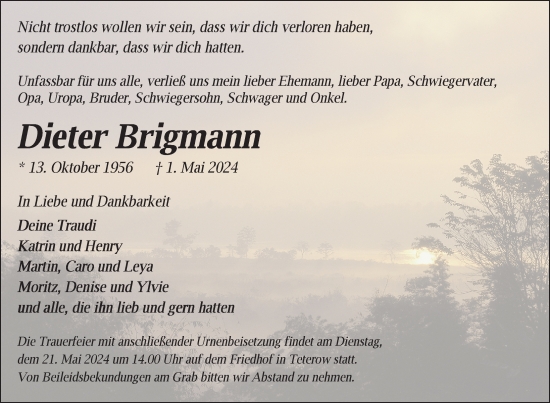 Traueranzeige von Dieter Brigmann von Nordkurier Mecklenburger Schweiz