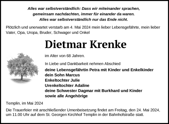 Traueranzeige von Dietmar Krenke von Uckermark Kurier Templiner Zeitung