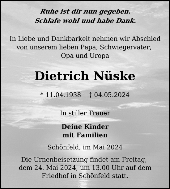 Traueranzeige von Dietrich Nüske von Uckermark Kurier Prenzlauer Zeitung