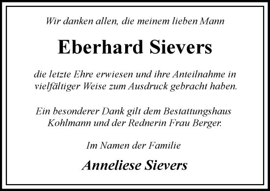 Traueranzeige von Eberhard Sievers 