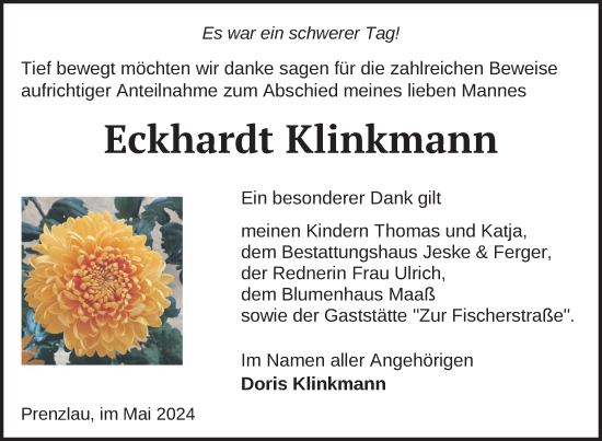Traueranzeige von Eckhardt Klinkmann von Uckermark Kurier Prenzlauer Zeitung