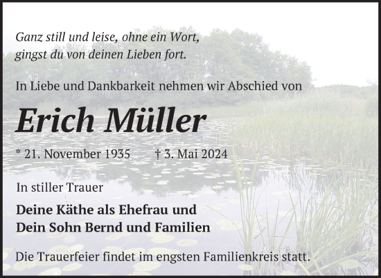 Traueranzeige von Erich Müller von Nordkurier Müritz-Zeitung