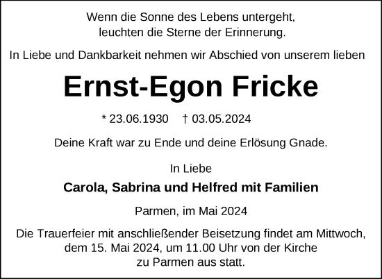 Traueranzeige von Ernst-Egon Fricke von Uckermark Kurier Prenzlauer Zeitung