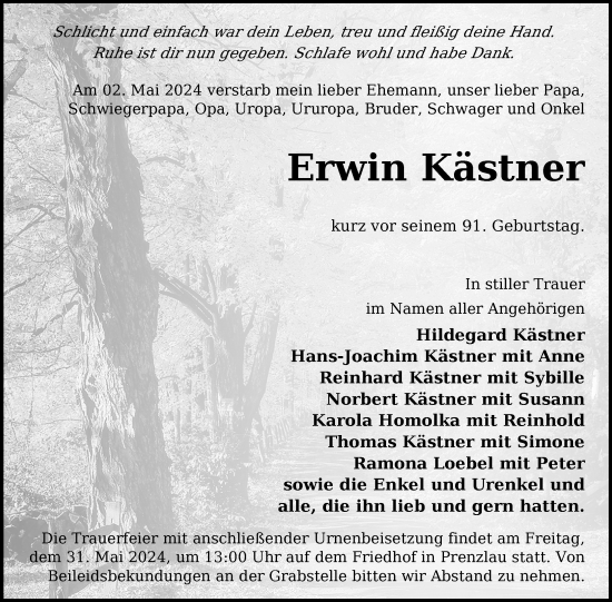 Traueranzeige von Erwin Kästner von Uckermark Kurier Prenzlauer Zeitung