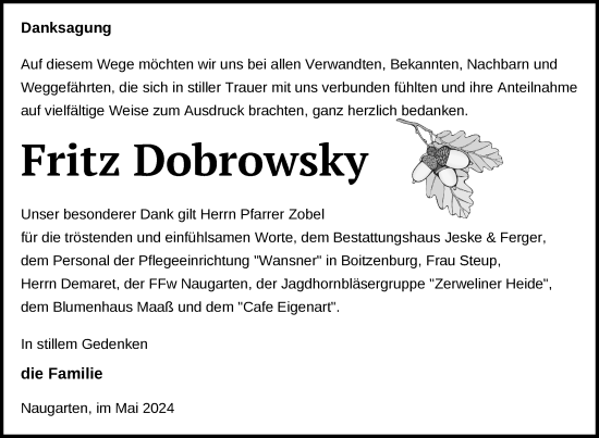 Traueranzeige von Fritz Dobrowsky von Uckermark Kurier Prenzlauer Zeitung
