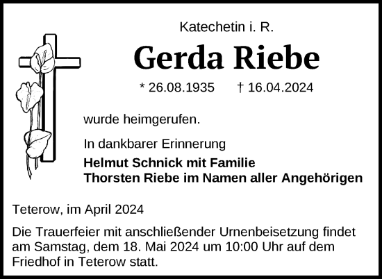 Traueranzeige von Gerda Riebe von Nordkurier Mecklenburger Schweiz