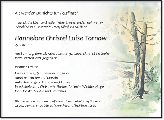 Traueranzeige von Hannelore Christel Luise Tornow von Nordkurier Neubrandenburger Zeitung