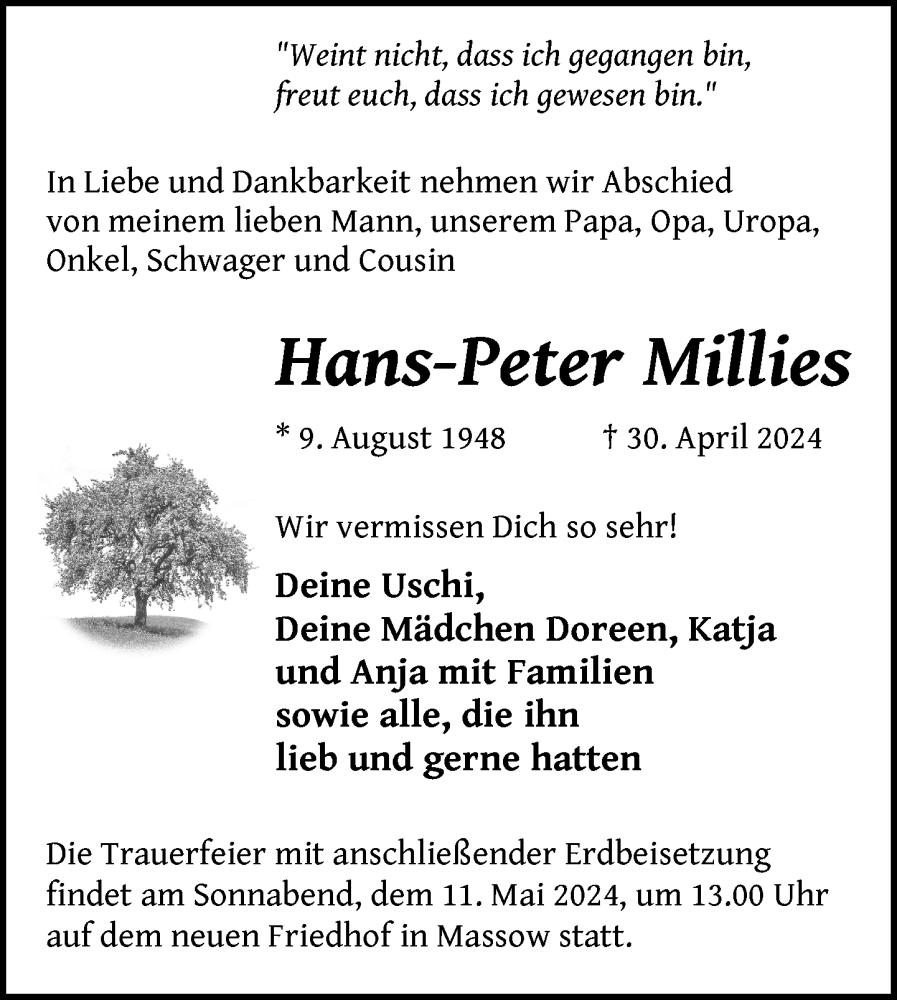  Traueranzeige für Hans-Peter Millies vom 04.05.2024 aus Nordkurier Müritz-Zeitung