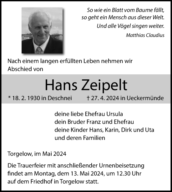Traueranzeige von Hans Zeipelt von Nordkurier Haff-Zeitung