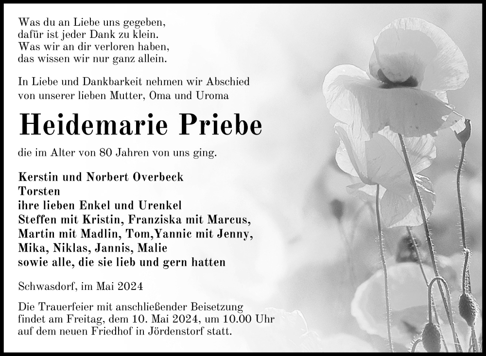  Traueranzeige für Heidemarie Priebe vom 07.05.2024 aus Nordkurier Mecklenburger Schweiz