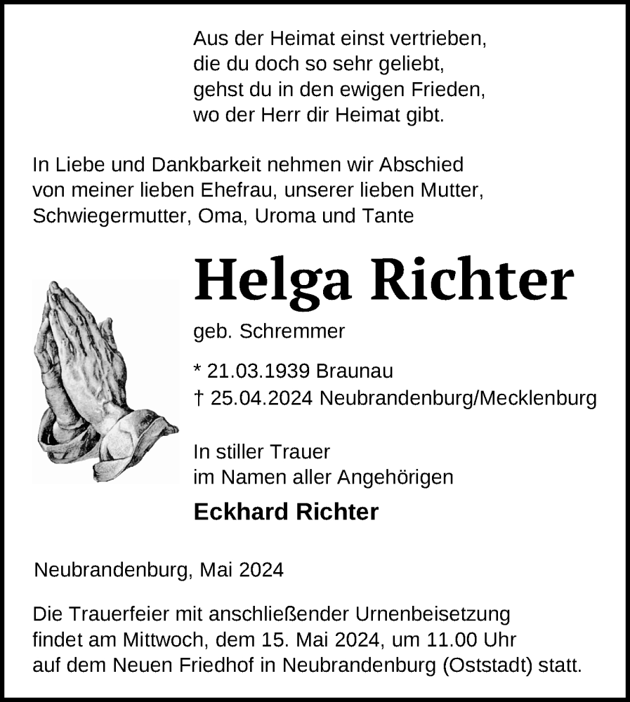  Traueranzeige für Helga Richter vom 04.05.2024 aus Nordkurier Neubrandenburger Zeitung