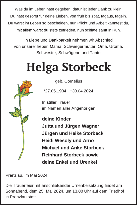 Traueranzeige von Helga Storbeck von Uckermark Kurier Prenzlauer Zeitung